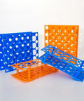 Two Pack 28 Well Test Tube Rack For 10ml 15ml And 50ml Tubes, Detachable Lab Tube Holder With Easy Snap Assembly, Durable Plastic, Blue And Orange