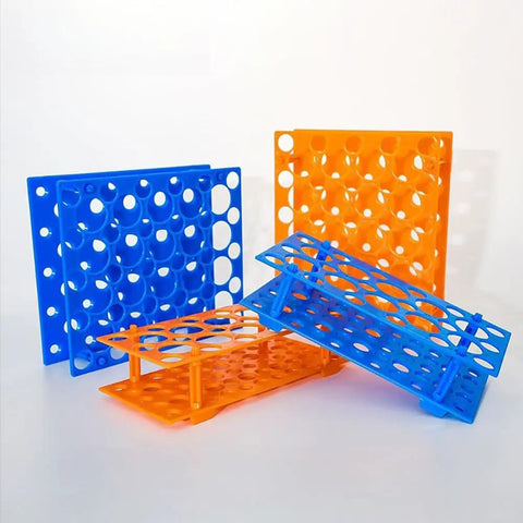 Two Pack 28 Well Test Tube Rack For 10ml 15ml And 50ml Tubes, Detachable Lab Tube Holder With Easy Snap Assembly, Durable Plastic, Blue And Orange