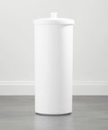 Freestanding Toilet Paper Storage Holder With Lid For 3 Extra Rolls, white with decorative knob, space-saving design for bathrooms.