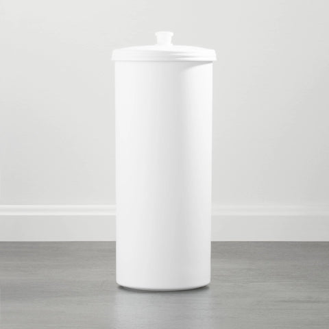 Freestanding Toilet Paper Storage Holder With Lid For 3 Extra Rolls, white with decorative knob, space-saving design for bathrooms.