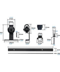 Components of Quiet ABS Sliding Barn Door Hardware Kit For Double Doors With Bypass Track shown in black with dimensions.