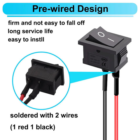 Ten Pack 2 Pin Rocker Switches On Off Latching SPST With Wires 21x15mm square black pre-wired with soldered leads