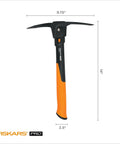 IsoCore Pickaxe Mattock With Shock Absorbing Handle Dual Head For Roots And Rocks shown with dimensions of 14x9.75 inches.