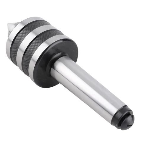 Side view of MT3 lathe center with knurled rings and conical tip; metal tailstock center.
