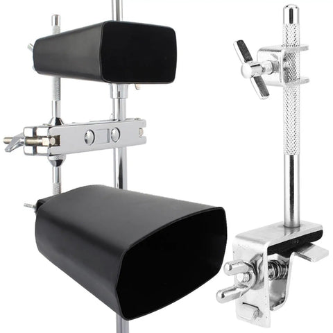 Adjustable Drum Cowbell Mount Holder Clamp for Quick Up or Down Positioning, silver finish, attached to percussion setup.
