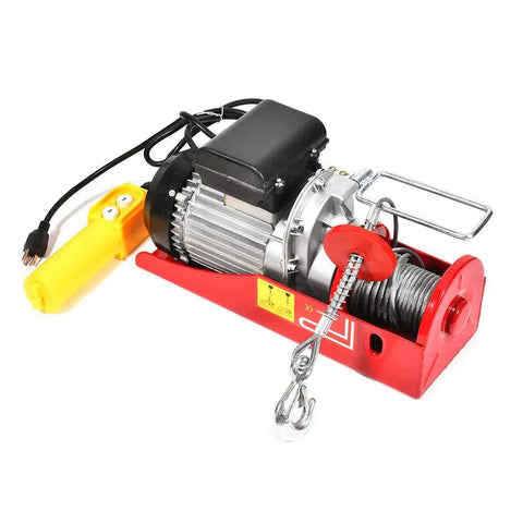 Built Tough 1500 Lb Overhead Electric Hoist Lift Crane For Garage Engine Work, visible motor, pulley, and cable with remote control.