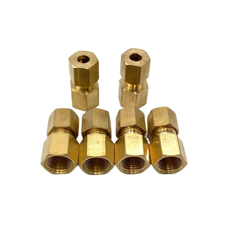 Six brass 1/8 in. NPT female to 3/16 in. OD compression fittings, hex-nut connectors, front view.
