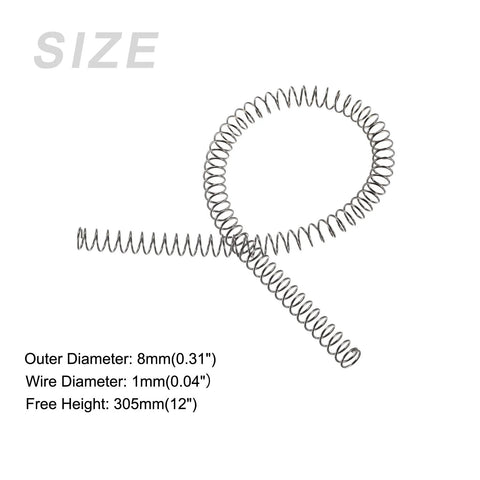 Two 304 stainless steel extension springs, 8 mm OD, 1 mm wire, 305 mm free length, silver.