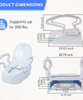Elongated Raised Toilet Seat Risers Adjustable Height Three Secure Lift Pads For Adults And Seniors No More Bending Premium Heavy Duty Rock Solid Straight Up Easy dimensions showing 300lb support with measurements.