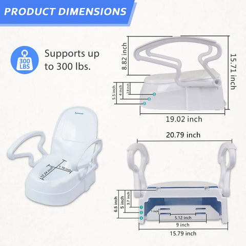 Elongated Raised Toilet Seat Risers Adjustable Height Three Secure Lift Pads For Adults And Seniors No More Bending Premium Heavy Duty Rock Solid Straight Up Easy dimensions showing 300lb support with measurements.