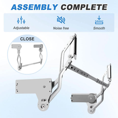 Hydraulic Lift Cabinet Door Hinge With Vertical Up Motion For 19.69 To 31.49 Inch Cabinets Soft Silent Close Adjustable 22lb Capacity Fits Doors 0.9 Inch Thick Sturdy Durable Build For Kitchen And Vanity YJINGRUI, shown in assembled position with smooth metal finish and adjustable parts.