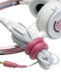 Keep Cords Neat And Tidy With 7 Inch Flexi Ties Cable Wraps Multi Color Yellow Pink Blue 12 Count Great For Home Theater Computer Gear Power Strips And Holiday Lights Everyday Use, pink wrap used with coiled headphone cable