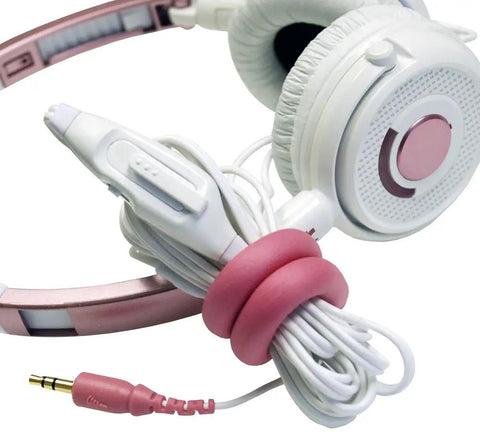 Keep Cords Neat And Tidy With 7 Inch Flexi Ties Cable Wraps Multi Color Yellow Pink Blue 12 Count Great For Home Theater Computer Gear Power Strips And Holiday Lights Everyday Use, pink wrap used with coiled headphone cable