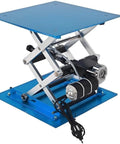 Industrial Grade Electric Scissor Lift Platform Featuring A Heavy Duty Hydraulic Table Built Tough For Massive Payloads and Hassle Free Material Transport Across Any Workspace, blue hydraulic lift with motor.