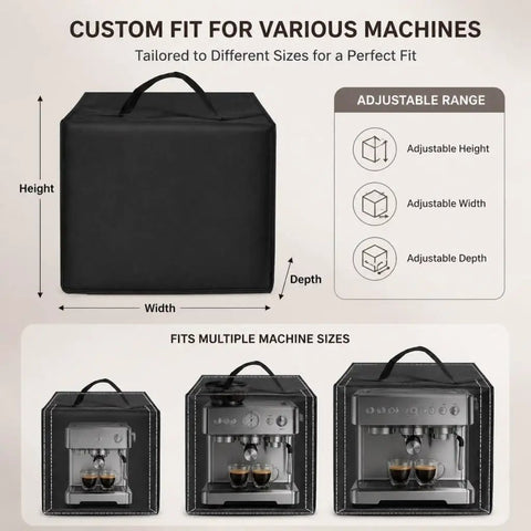 Water And Dust Resistant Coffee Maker Cover For K Mini Plus 2019 To 2026 With A Nifty Storage Pocket shown with adjustable dimensions