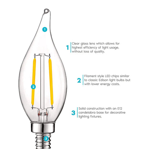 4W Vintage Candelabra LED Bulbs Dimmable With 400 Lumens 3000K Soft White Filament Candle Bulbs For Chandeliers E12 Base UL Listed 40W Equivalent Flame Clear Glass Pack Of 24