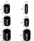 Round Rubber End Cap Set With 60 Black Vinyl Protective Sleeves, various sizes for 1/8 to 1/2 inch shafts displayed with measurements.