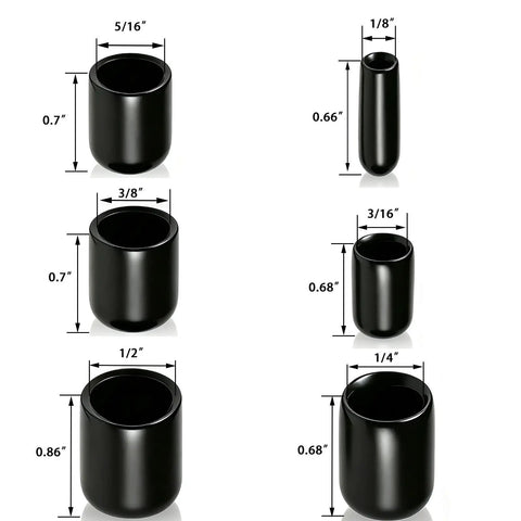 Round Rubber End Cap Set With 60 Black Vinyl Protective Sleeves, various sizes for 1/8 to 1/2 inch shafts displayed with measurements.