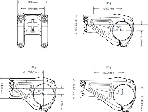 Technical drawings of Equalizer Bike Stem Dope 10mm Drop Or Rise Adjustable Stem with measurements and angles.