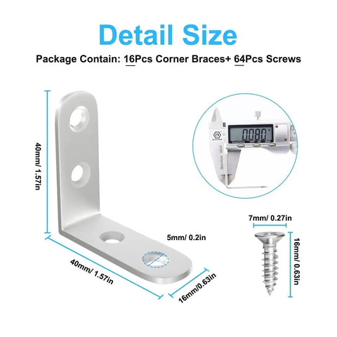 Detail of All In One Stainless Steel L Bracket Set With 80 Screws For Furniture Shelves, showing dimensions and screw size