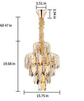 Lit Gold Finish Modern Crystal Chandelier, 5-Tier 7-Light Round Pendant Ceiling Light, 15.7 Inch, side view with dimensions