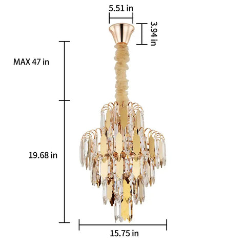 Lit Gold Finish Modern Crystal Chandelier, 5-Tier 7-Light Round Pendant Ceiling Light, 15.7 Inch, side view with dimensions