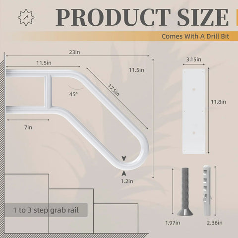 Size dimensions of Top Shelf White Handrails For Outdoor Steps Wall Mount And Stair Rails For One To Three Levels With Anti Slip Grip and Heavy Duty Powder Coating.