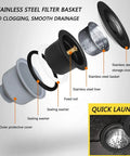 Exploded view of stainless steel filter basket and components for Stainless Steel Kitchen Sink With Black Faucet For Small Kitchens Built Tough Undermount Or Drop In Single Basin Mini Bar Sink 11.8 Inch Wide Ideal For Busy Homes Apartments.