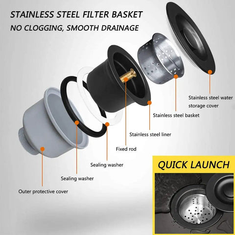 Exploded view of stainless steel filter basket and components for Stainless Steel Kitchen Sink With Black Faucet For Small Kitchens Built Tough Undermount Or Drop In Single Basin Mini Bar Sink 11.8 Inch Wide Ideal For Busy Homes Apartments.