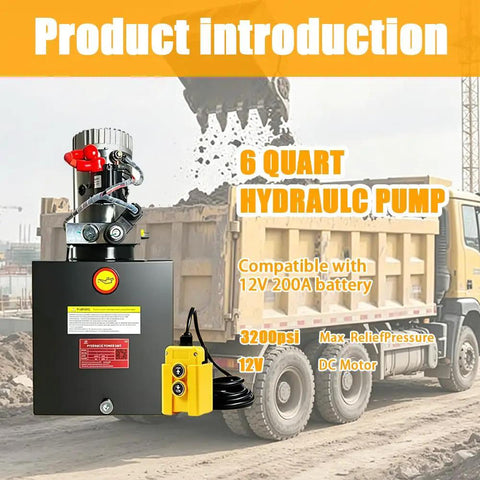 ParnicoTech 6 Quart Hydraulic Power Unit, 12V DC Single Acting Pump, 3200 PSI Relief, SAE 6 Port, Steel Metal Reservoir for dump trailer.