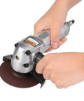 Badass Pneumatic Angle Grinder 11000 RPM with aluminum body, held in hand, perfect for grinding and polishing tasks.