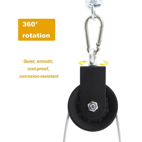Cable Pulley System With 360 Degree Rotation And Silent Operation for gym gear close-up, showing smooth roller and carabiner attachment.