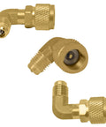 Three brass L-shaped HVAC leak sealer injector hose fittings kit with knurled nuts