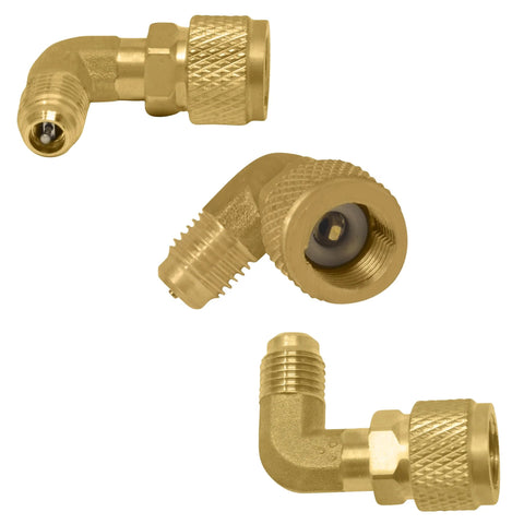 Three brass L-shaped HVAC leak sealer injector hose fittings kit with knurled nuts