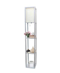 Sleek Gray Etagere Floor Lamp With Linen Shade And Built-In Shelves, displaying books, flowers, and decor items in a modern setting.