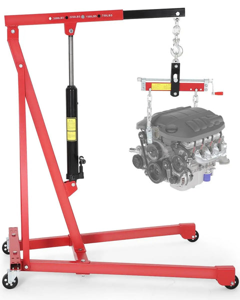 Pro Mechanics Choice Hydraulic Engine Hoist With Leverage Pump 3000 Lbs, red frame lifting car engine with chains.