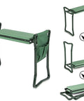 Grab And Go Foldable Garden Kneeler Stool With Tool Pouches And EVA Foam Pad shown in various positions and angles