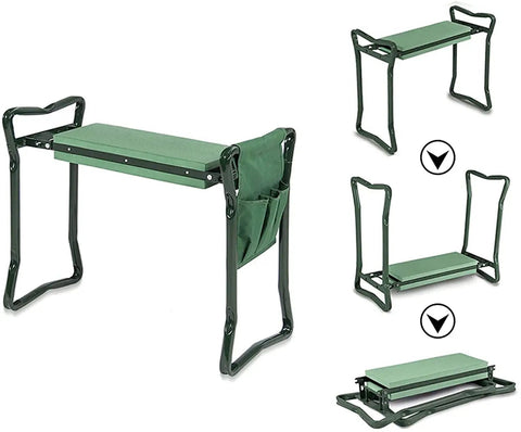 Grab And Go Foldable Garden Kneeler Stool With Tool Pouches And EVA Foam Pad shown in various positions and angles