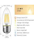 Cozy Warm Glow LED Filament Candle Bulbs, E26 Candelabra Base, 4.5W 60W Equivalent, 2700K Warm White bulb dimensions and specs