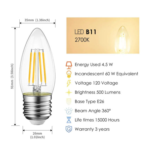 Cozy Warm Glow LED Filament Candle Bulbs, E26 Candelabra Base, 4.5W 60W Equivalent, 2700K Warm White bulb dimensions and specs