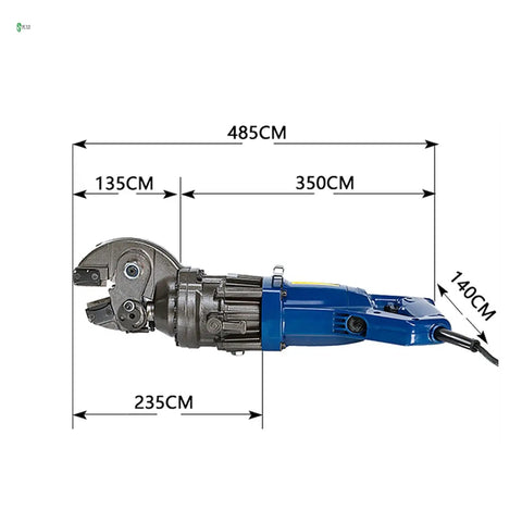 Electric Hydraulic Rebar Bender And Cutter Portable Steel Shear for 4-18 mm rebar, dimensions marked, durable cast steel construction.
