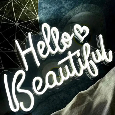 Hello Beautiful Heart White LED Neon Sign For Bedroom And Home Bar Cafe Decor Romantic 3D Art Gift For Friends Girlfriend Wife Wedding Vibe 17X13 Inch Wall Light
