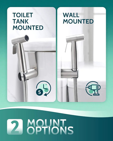 Handheld Bidet Sprayer for Toilet, adjustable water pressure, shown with wall and toilet tank mount options, stainless steel.