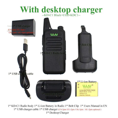 UHF 400-470 MHz Mini Handheld Walkie Talkie Transceiver Radio With Ultra Slim 96x55x22mm Design shown with accessories including desktop charger and belt clip.