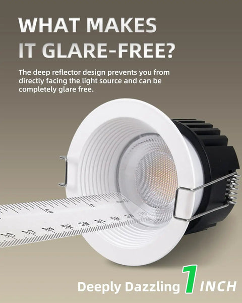 zouzai 3 Inch LED Recessed Lights Anti-Glare, 5CCT, Dimmable, White 4 Pack with deep reflector design and ruler for size