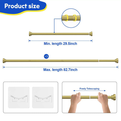 Gold Shower Curtain Rod Adjustable From 32 To 83 Inches No Drilling Spring Tension Bar With Two Free Anti Slip Holders Rust Resistant Finish For Bathroom Window Living Room Patio