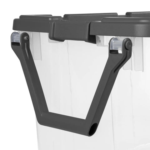 Close-up of 4 Pack Modular Stacker Box Set Of Durable Clear Plastic Storage Bins With Latching Lids 160 Quart Capacity