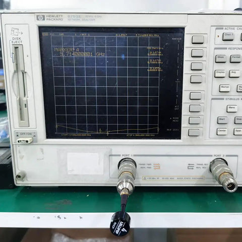 Hewlett Packard network analyzer showing testing frequency, used for Two Pack Lollipop 4 FPV Antennas for 5.8GHz RHCP Updated Version.