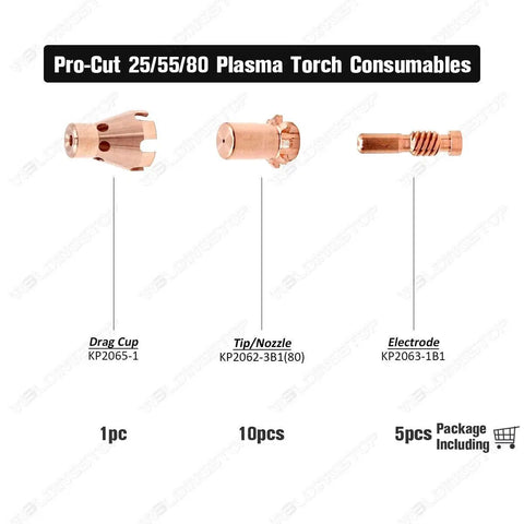 All In One Plasma Cutting Electrodes Nozzle Tips And Drag Shield Kit for Pro-Cut 55 and 80 Torch components displayed