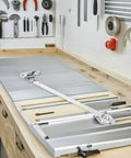 Beefy Heavy Duty Lid Support Hinges For Chest And Cabinet Doors, 12 Inch Soft Close hardware displayed on workbench
